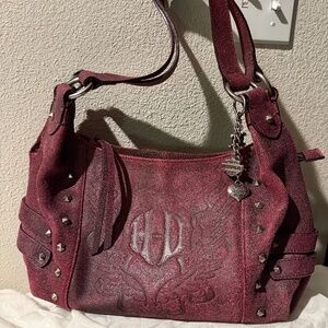 Harley Davidson Ltd Ed Burgundy Studded Branded Leather Hobo HTF Rare NWOT